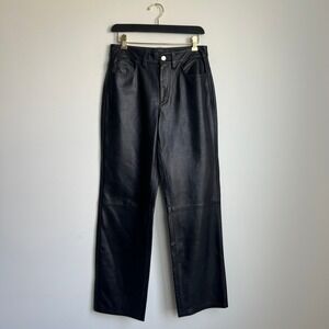 Zara Genuine Black Leather Straight Wide Leg High Waisted Pants Womens